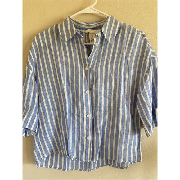 H&M Blue White Striped 100% Linen Coastal Preppy Classic Shirt Blouse Top XS - Picture 2 of 5
